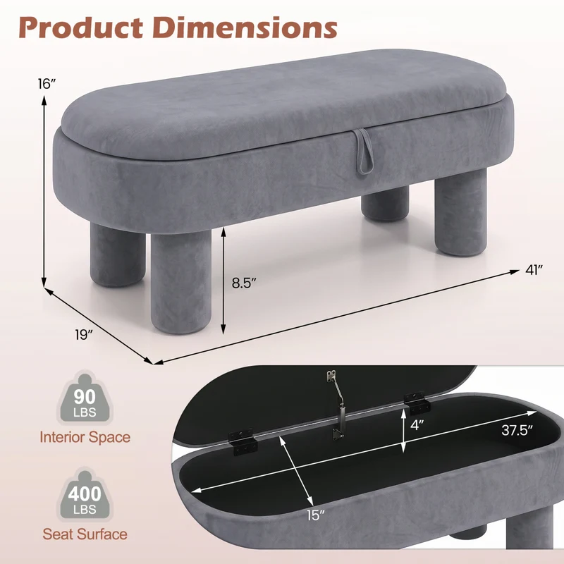 Oval Storage Ottoman Bench, Upholstered Seat, Gray