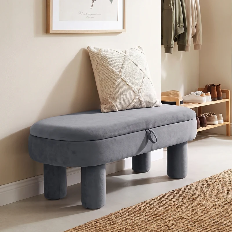 Oval Storage Ottoman Bench, Upholstered Seat, Gray