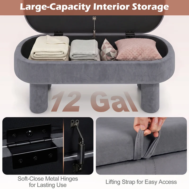 Oval Storage Ottoman Bench, Upholstered Seat, Gray