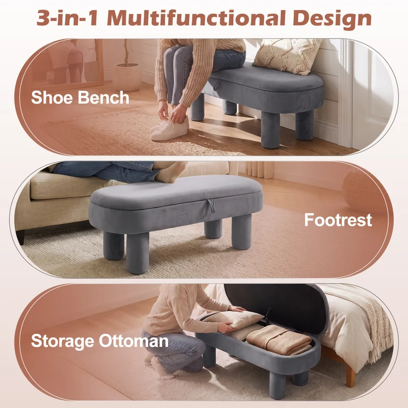 Oval Storage Ottoman Bench, Upholstered Seat, Gray