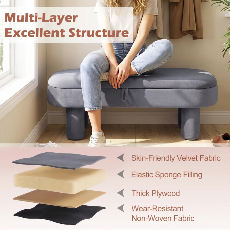 Oval Storage Ottoman Bench, Upholstered Seat, Gray