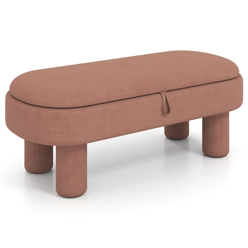 Oval Storage Ottoman Bench, Upholstered Seat, Brown