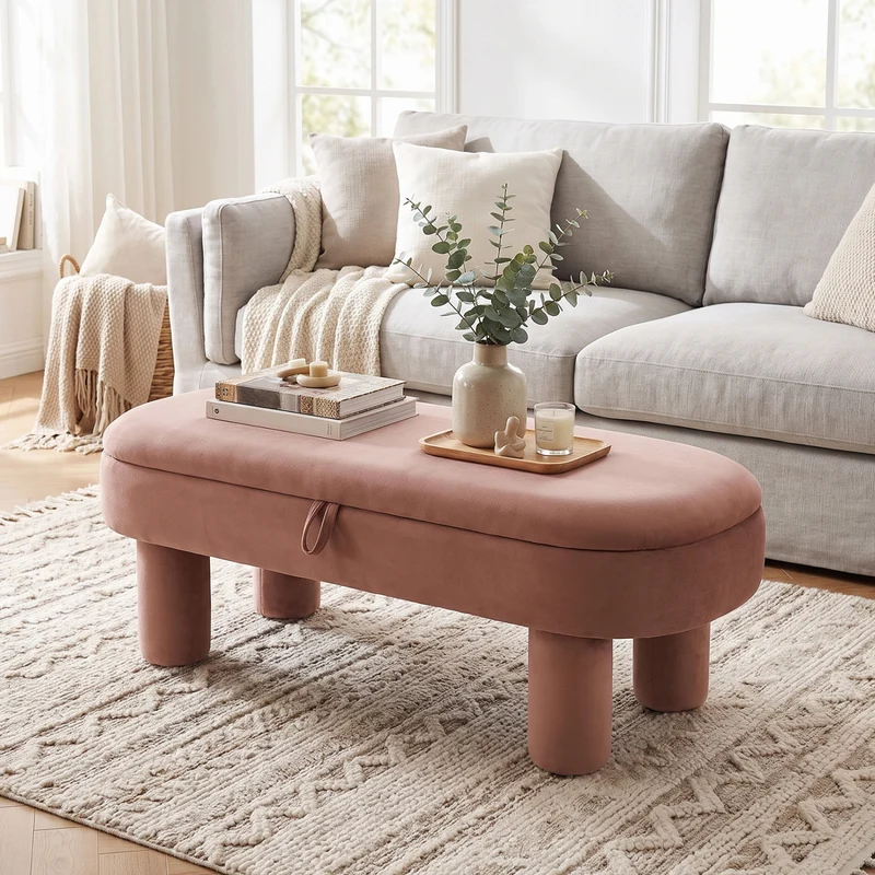 Oval Storage Ottoman Bench, Upholstered Seat, Brown