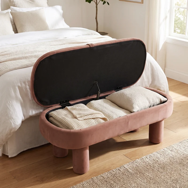 Oval Storage Ottoman Bench, Upholstered Seat, Brown