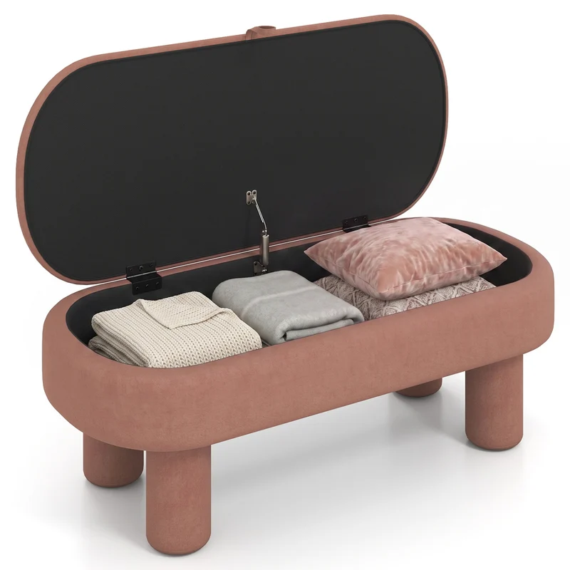 Oval Storage Ottoman Bench, Upholstered Seat, Brown