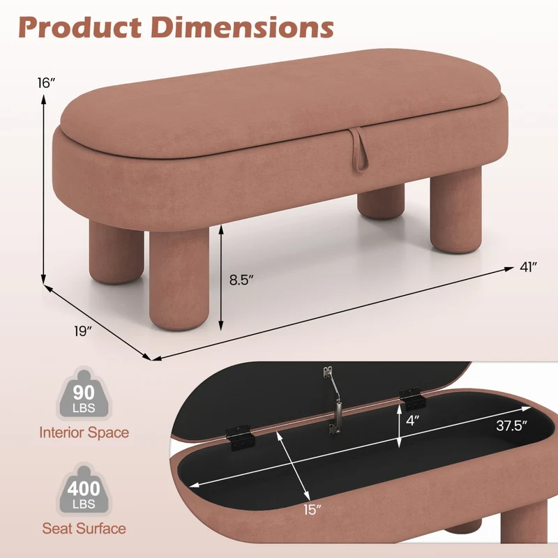 Oval Storage Ottoman Bench, Upholstered Seat, Brown