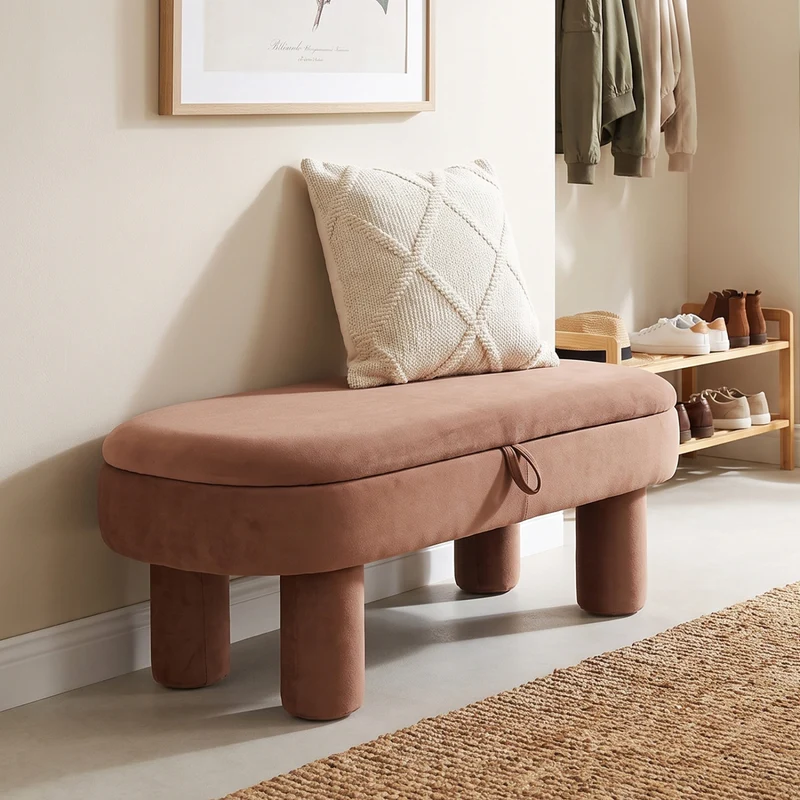 Oval Storage Ottoman Bench, Upholstered Seat, Brown