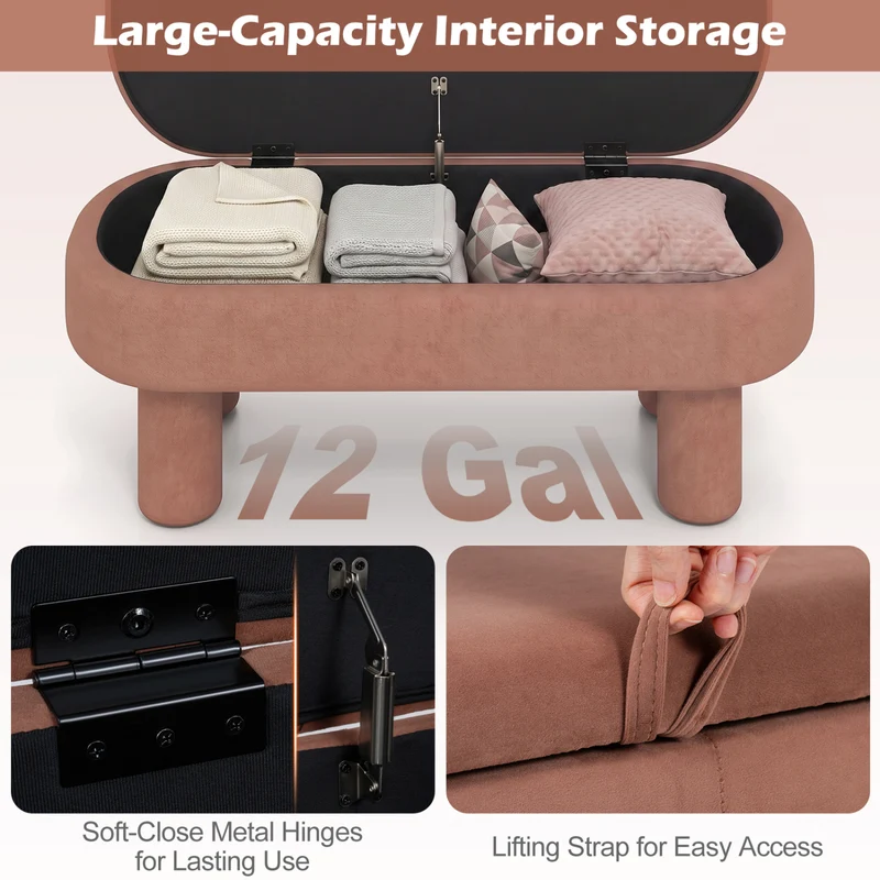 Oval Storage Ottoman Bench, Upholstered Seat, Brown