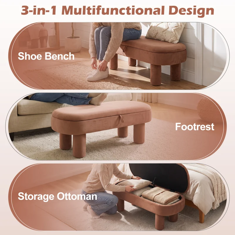 Oval Storage Ottoman Bench, Upholstered Seat, Brown