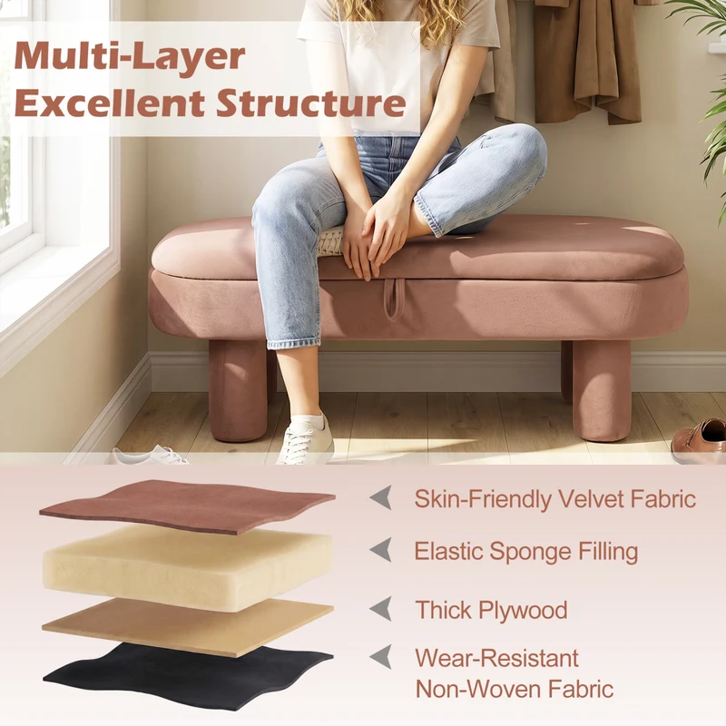 Oval Storage Ottoman Bench, Upholstered Seat, Brown