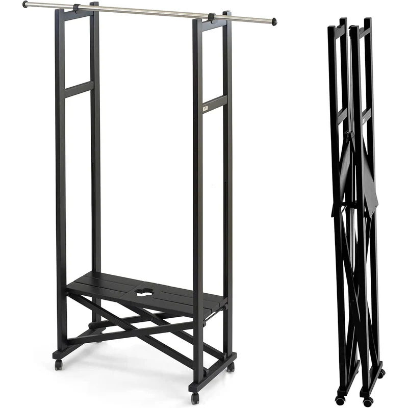 ARIT Elios – Portant à vêtements pliable et extensible en hêtre massif avec roulettes, noir