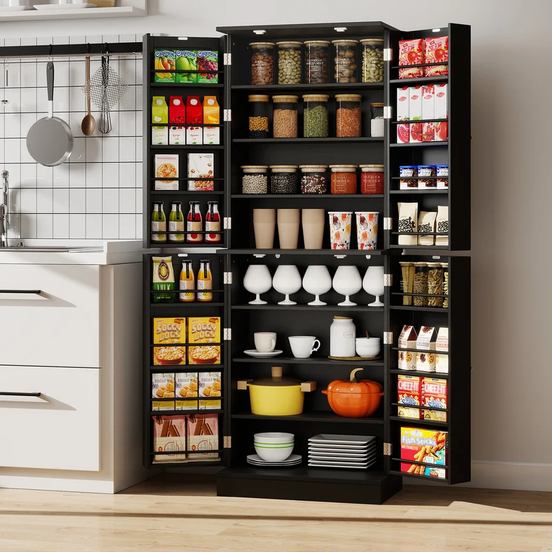Kitchen Pantry Cabinet 65.5 Inch, Freestanding Tall Buffet Cupboard, Black