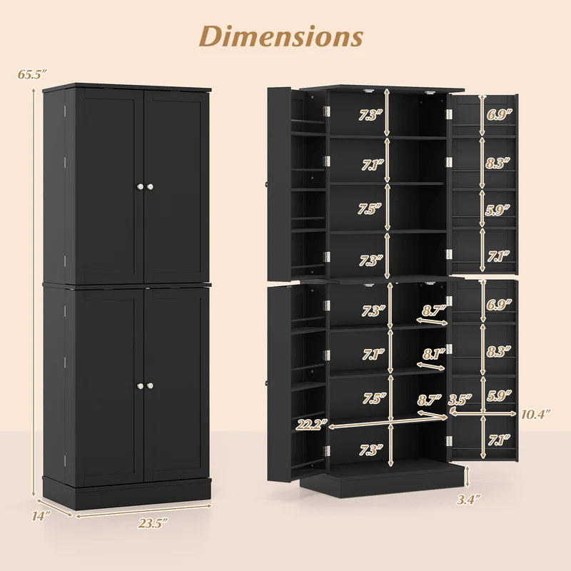 Kitchen Pantry Cabinet 65.5 Inch, Freestanding Tall Buffet Cupboard, Black