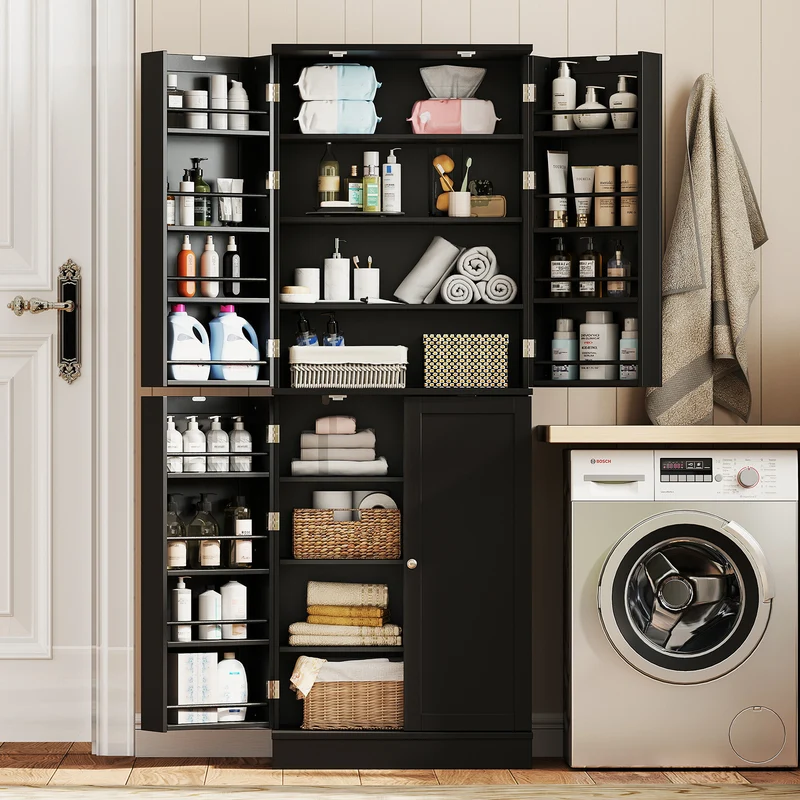 Kitchen Pantry Cabinet 65.5 Inch, Freestanding Tall Buffet Cupboard, Black