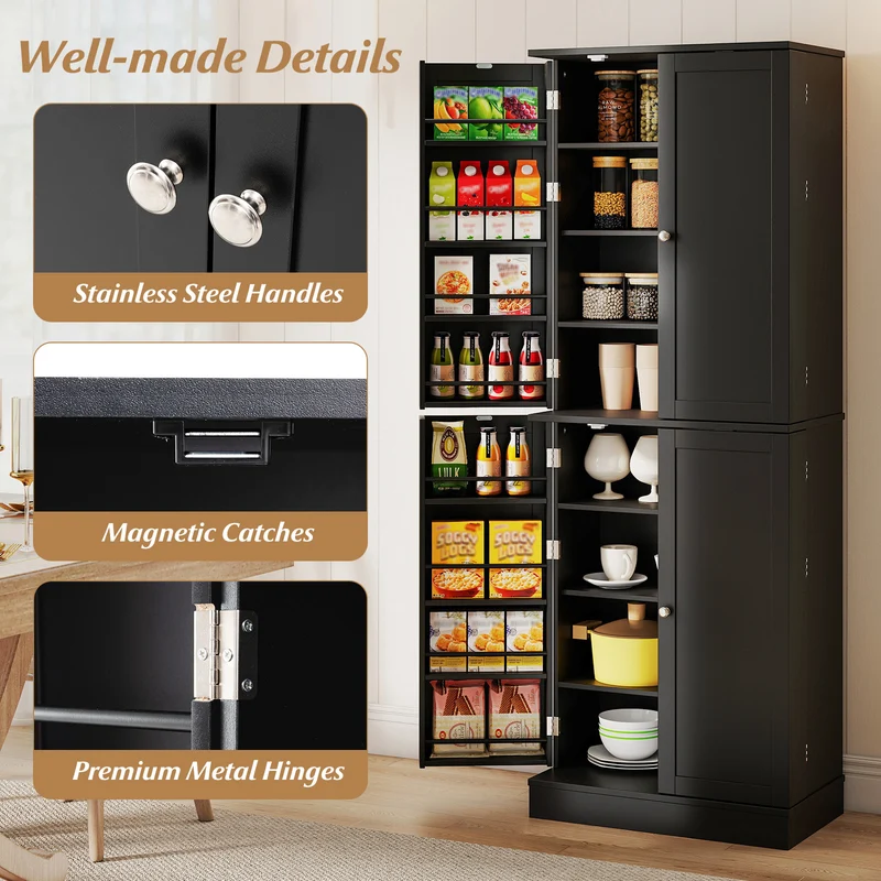 Kitchen Pantry Cabinet 65.5 Inch, Freestanding Tall Buffet Cupboard, Black