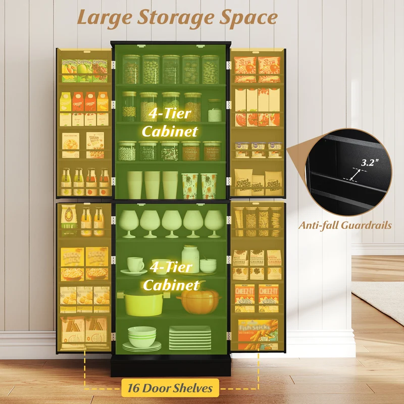 Kitchen Pantry Cabinet 65.5 Inch, Freestanding Tall Buffet Cupboard, Black