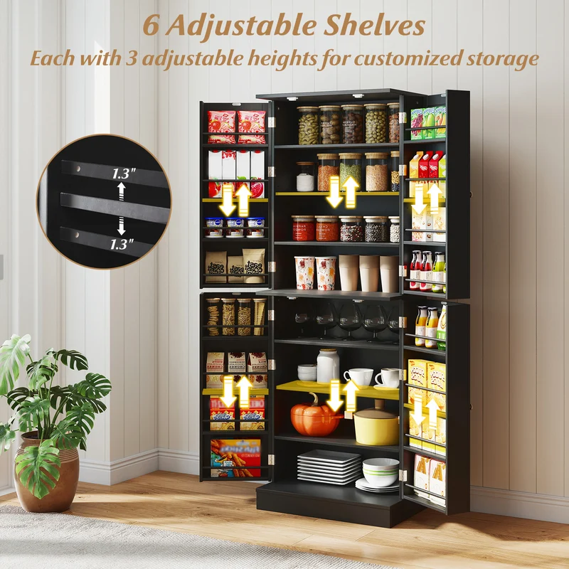 Kitchen Pantry Cabinet 65.5 Inch, Freestanding Tall Buffet Cupboard, Black
