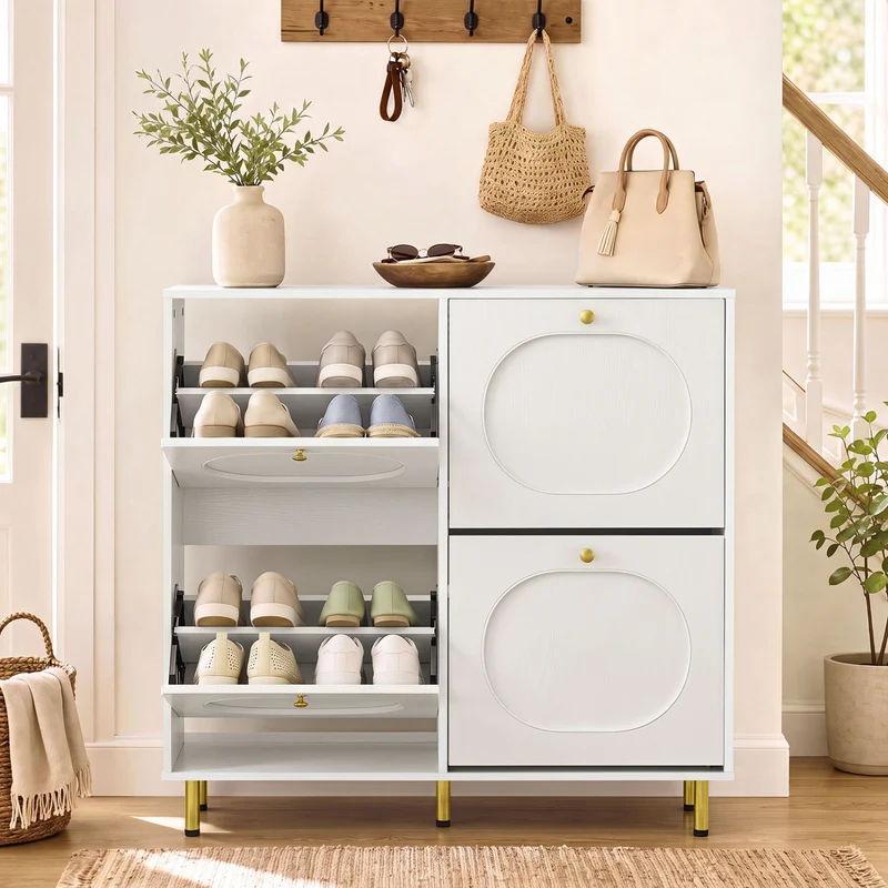 Shoe Storage Cabinet, 4 Flip Drawers, White