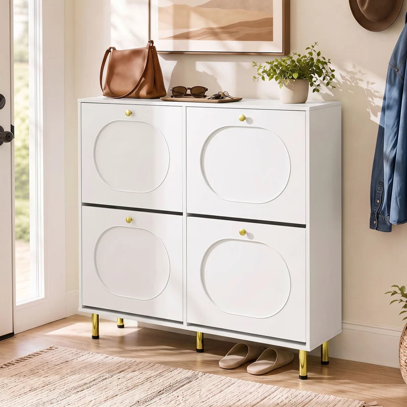 Shoe Storage Cabinet, 4 Flip Drawers, White