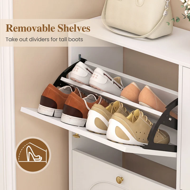 Shoe Storage Cabinet, 4 Flip Drawers, White