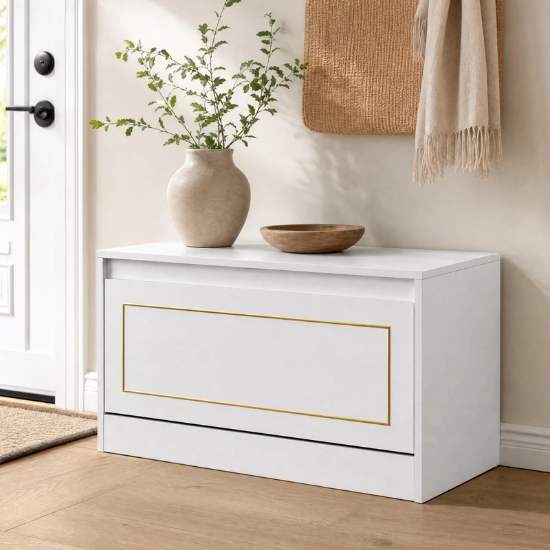 Narrow Shoe Cabinet, 1 Flip Drawer, Adjustable Shelf, White