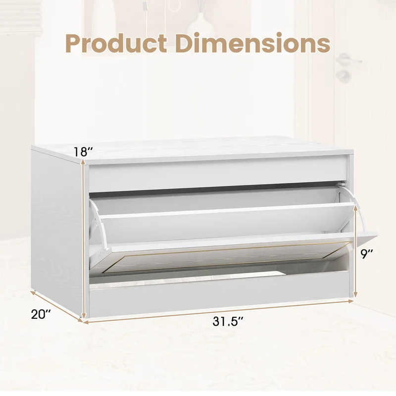 Narrow Shoe Cabinet, 1 Flip Drawer, Adjustable Shelf, White