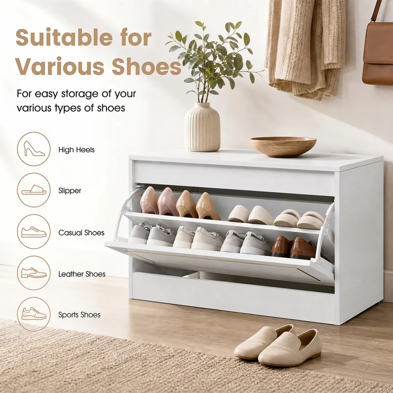 Narrow Shoe Cabinet, 1 Flip Drawer, Adjustable Shelf, White