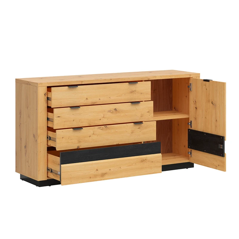 Buffet 1 porte 4 tiroirs avec LED Glenn Bois et Noir