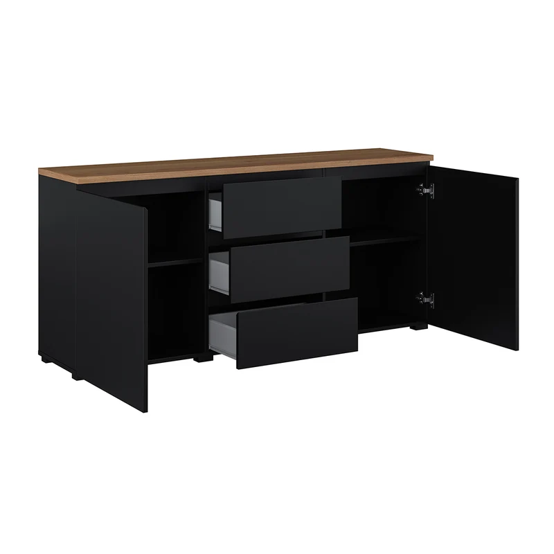 Buffet 2 portes 3 tiroirs Liko Noir et Bois