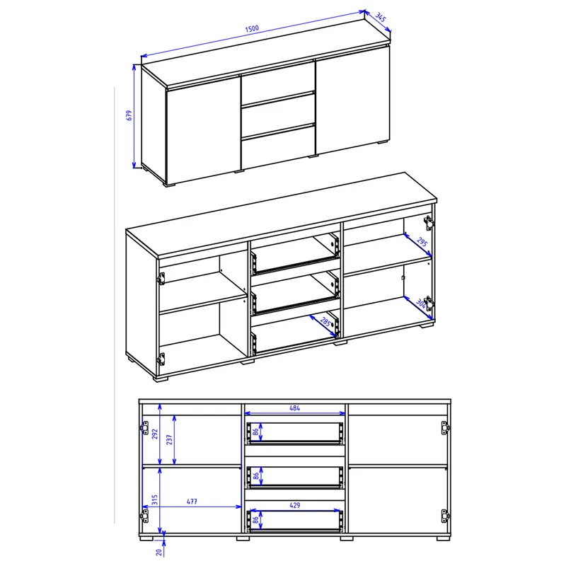 Buffet 2 portes 3 tiroirs Liko Noir et Bois