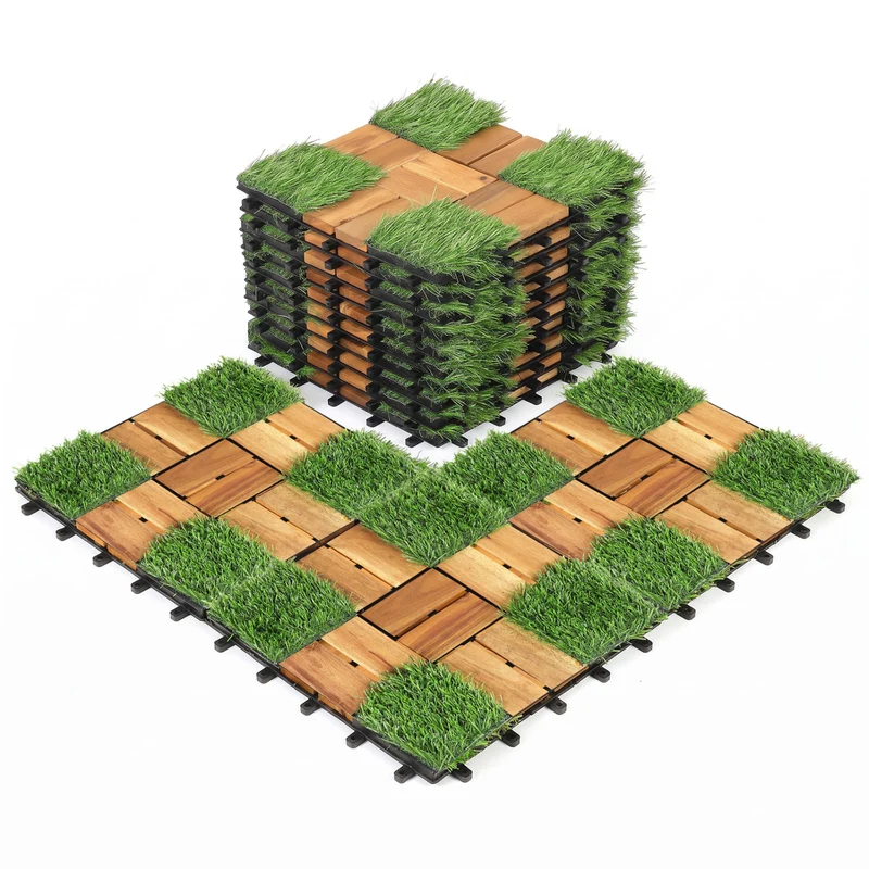 Acacia Wood Interlocking Deck Tiles, Artificial Grass, Natural