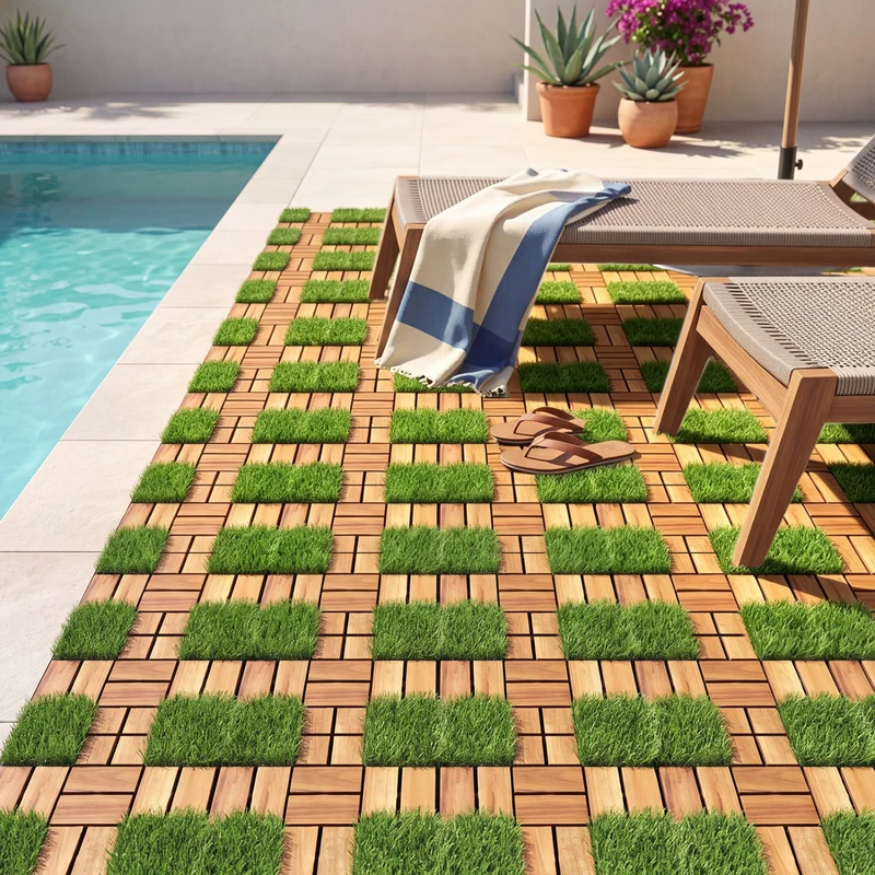 Acacia Wood Interlocking Deck Tiles, Artificial Grass, Natural