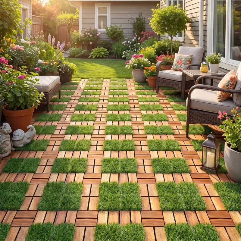 Acacia Wood Interlocking Deck Tiles, Artificial Grass, Natural