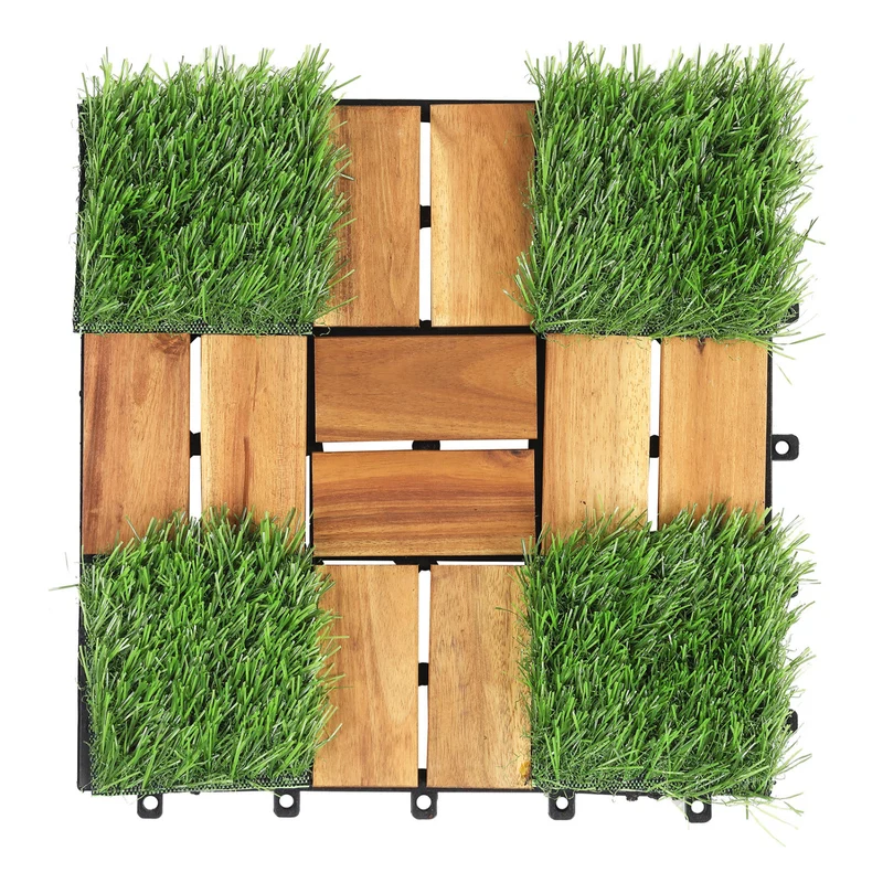 Acacia Wood Interlocking Deck Tiles, Artificial Grass, Natural