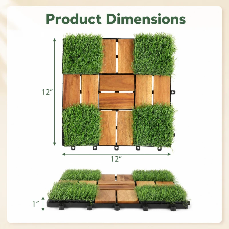 Acacia Wood Interlocking Deck Tiles, Artificial Grass, Natural