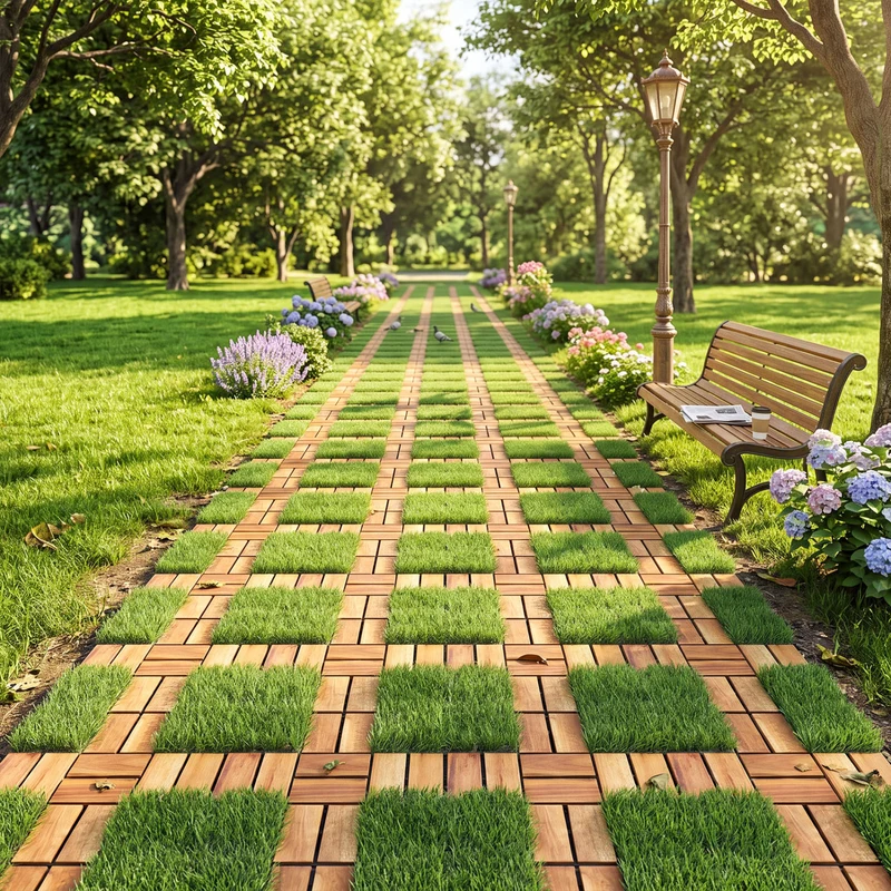 Acacia Wood Interlocking Deck Tiles, Artificial Grass, Natural