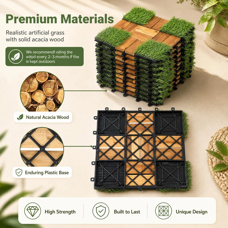 Acacia Wood Interlocking Deck Tiles, Artificial Grass, Natural