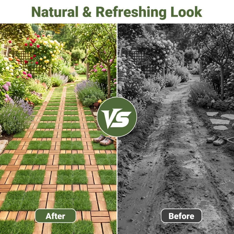 Acacia Wood Interlocking Deck Tiles, Artificial Grass, Natural