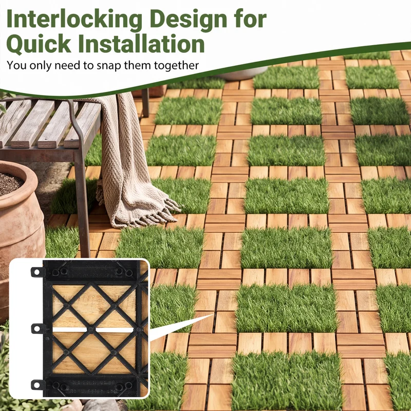 Acacia Wood Interlocking Deck Tiles, Artificial Grass, Natural