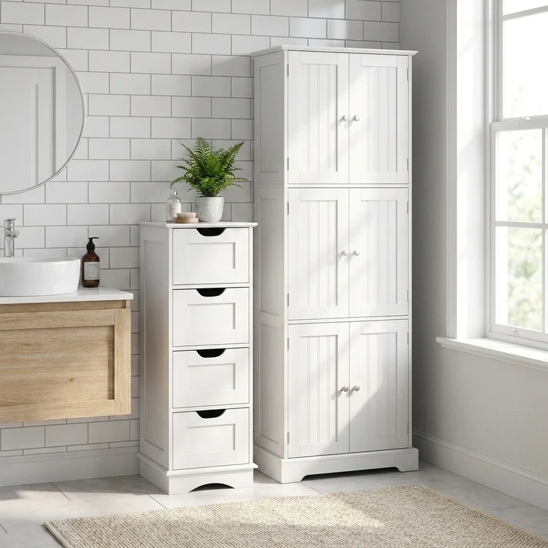 6-Door Tall Bathroom Cabinet Set, 4-Drawer, White
