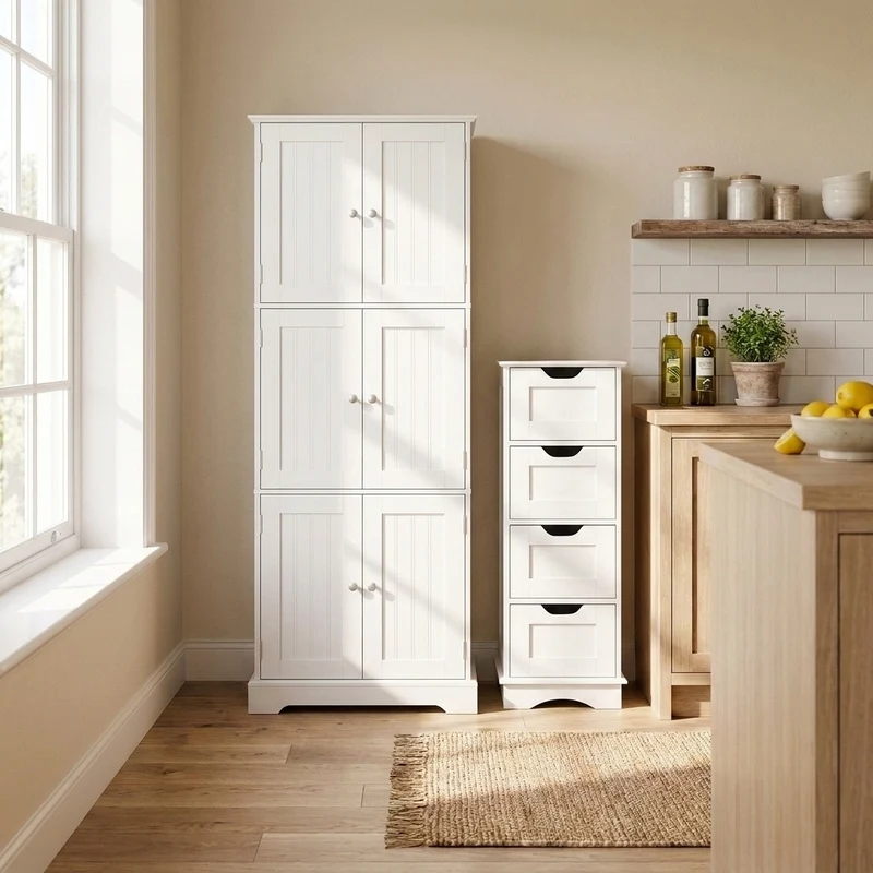 6-Door Tall Bathroom Cabinet Set, 4-Drawer, White