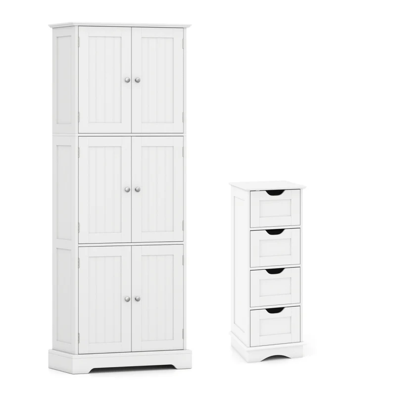 6-Door Tall Bathroom Cabinet Set, 4-Drawer, White
