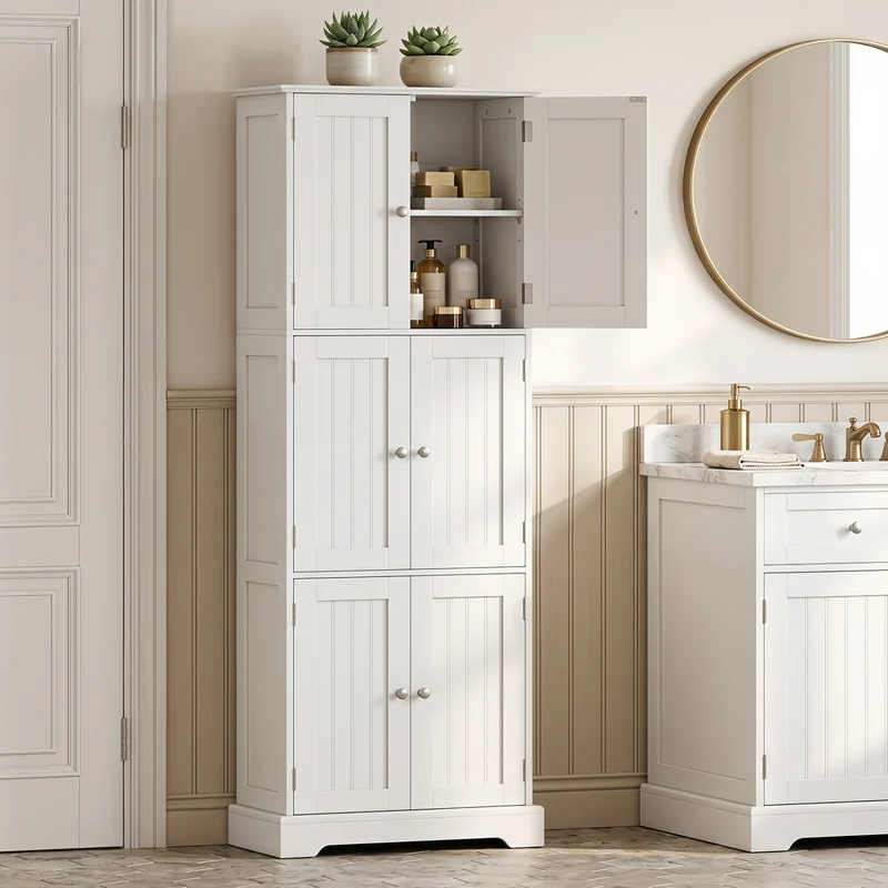 6-Door Tall Bathroom Cabinet Set, 4-Drawer, White
