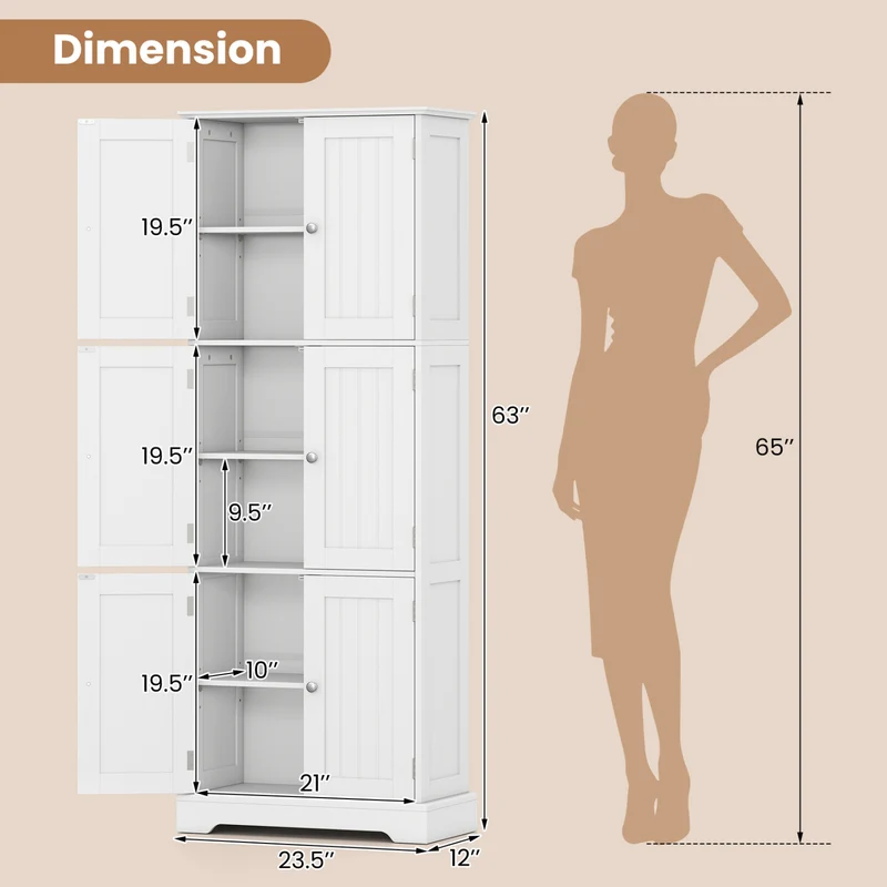 6-Door Tall Bathroom Cabinet Set, 4-Drawer, White