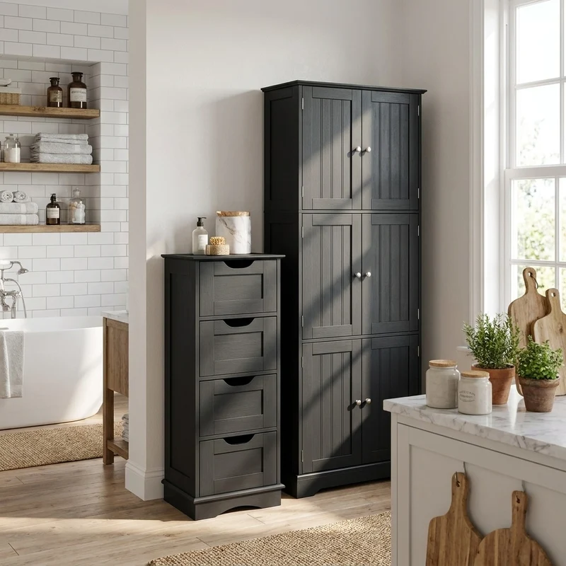 Bathroom Cabinet Set, 6-Door Tall Cabinet, 4-Drawer Cabinet, Black