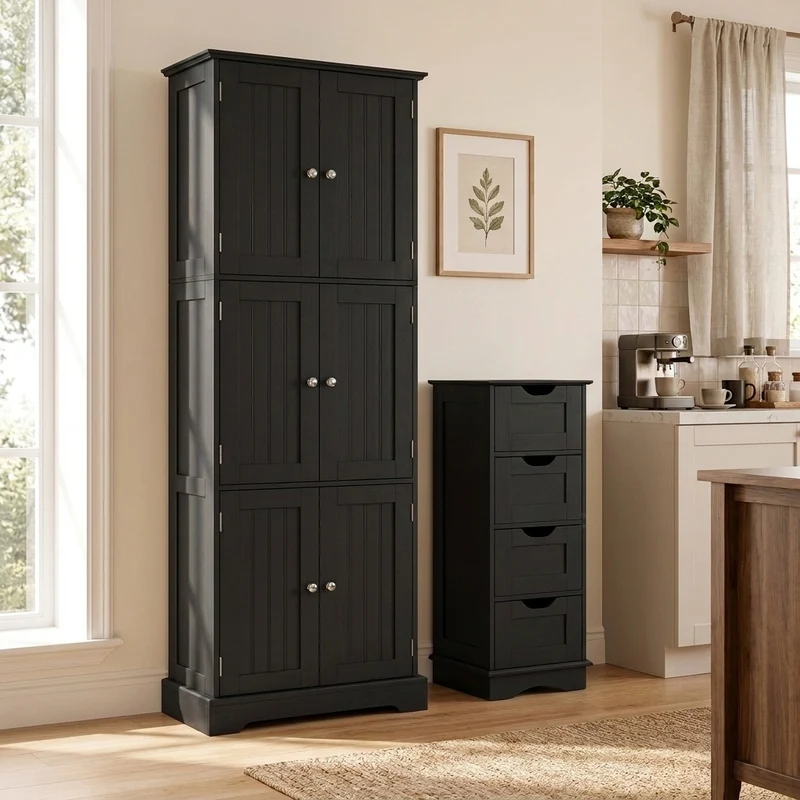 Bathroom Cabinet Set, 6-Door Tall Cabinet, 4-Drawer Cabinet, Black