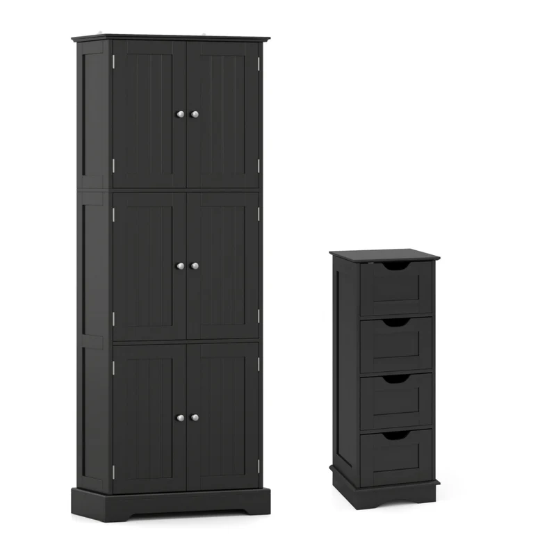 Bathroom Cabinet Set, 6-Door Tall Cabinet, 4-Drawer Cabinet, Black
