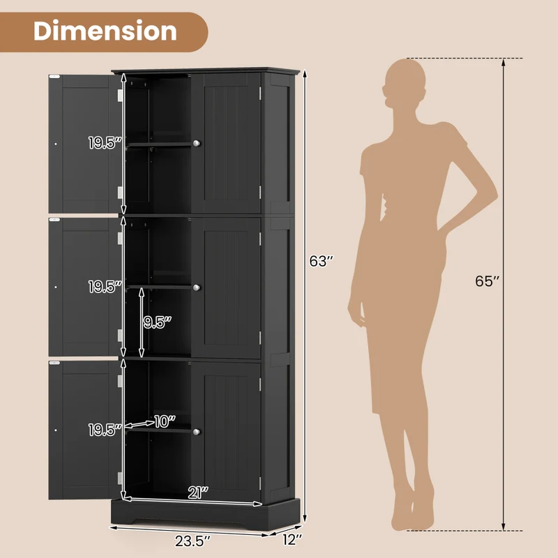 Bathroom Cabinet Set, 6-Door Tall Cabinet, 4-Drawer Cabinet, Black