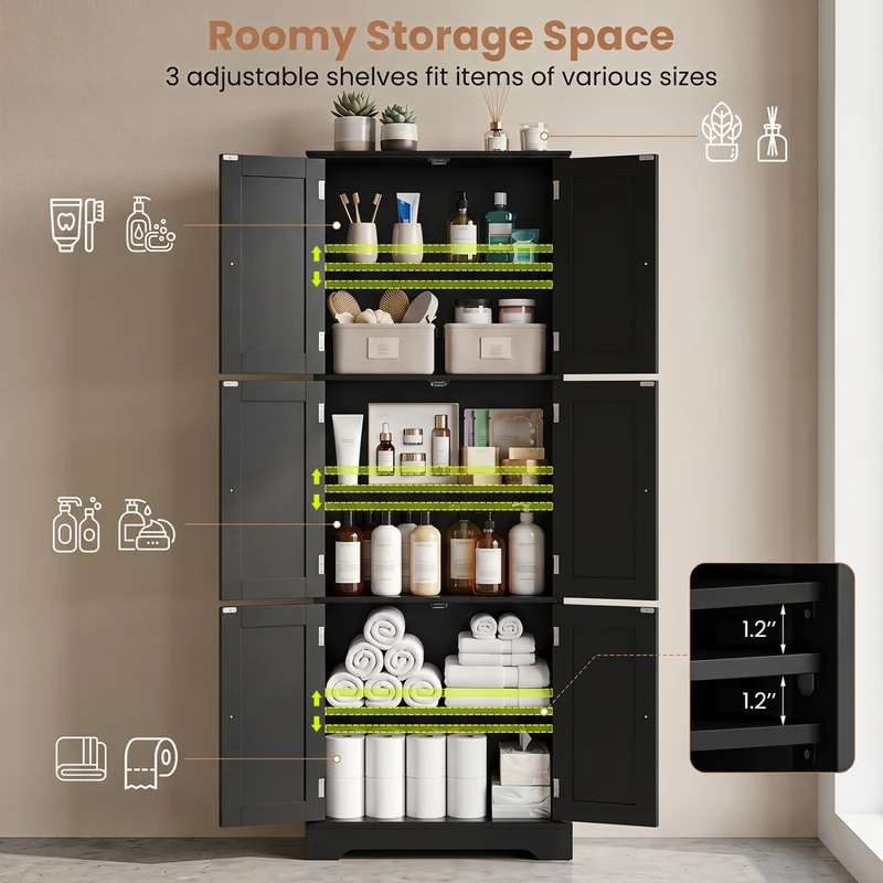 Bathroom Cabinet Set, 6-Door Tall Cabinet, 4-Drawer Cabinet, Black