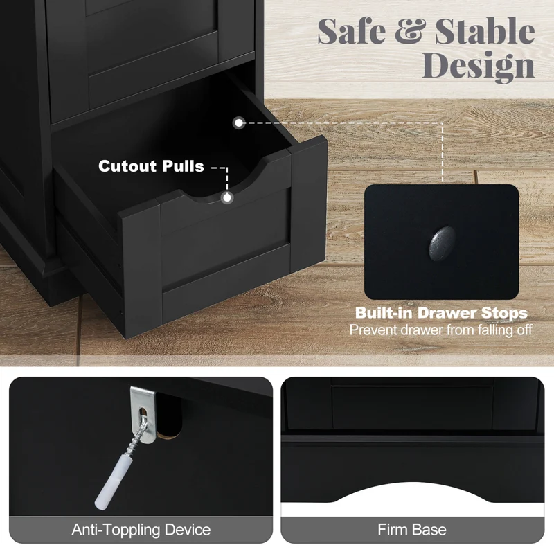 Bathroom Cabinet Set, 6-Door Tall Cabinet, 4-Drawer Cabinet, Black
